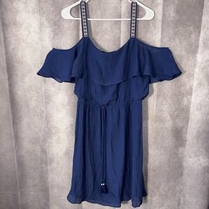 AGB Women's Medium Navy Blue Cold Shoulder Ruffle Geometric Strap Dress $88 NWT